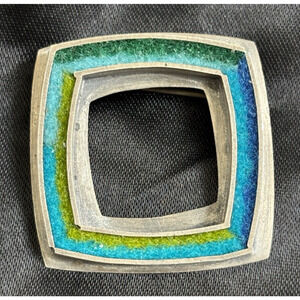 Michele A Friedman Felt Wool & Sterling Brooch Square Donut Artisan Aqua Tones